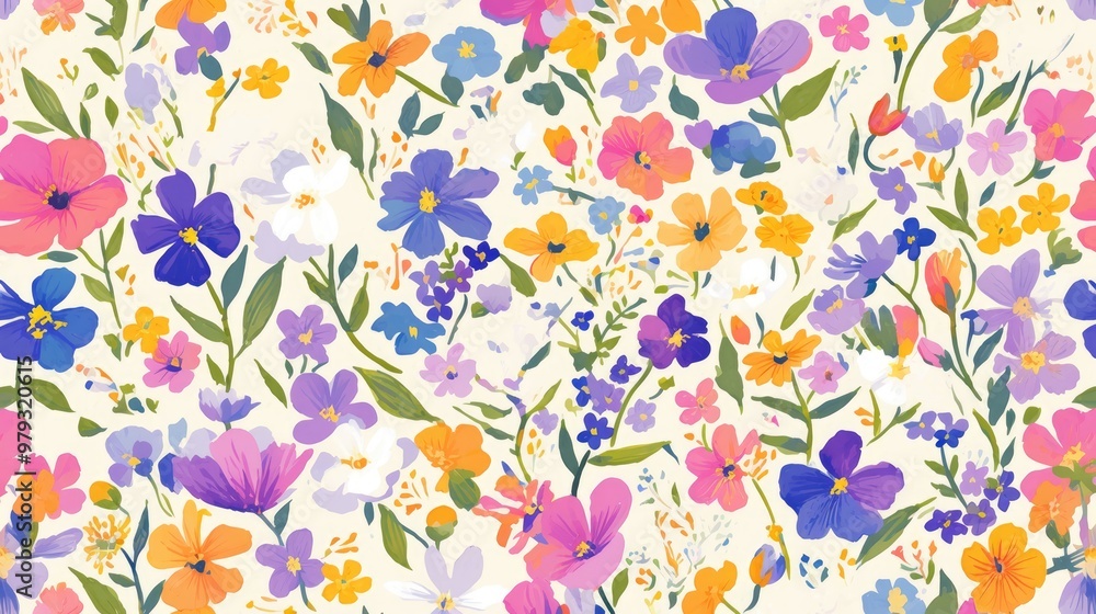 Vector floral pattern painting in a doodle style featuring small flowers and leaves creating a vibrant floral background Vector floral pattern painting in a doodle style featuring small flowers and leaves creating a vibrant floral background