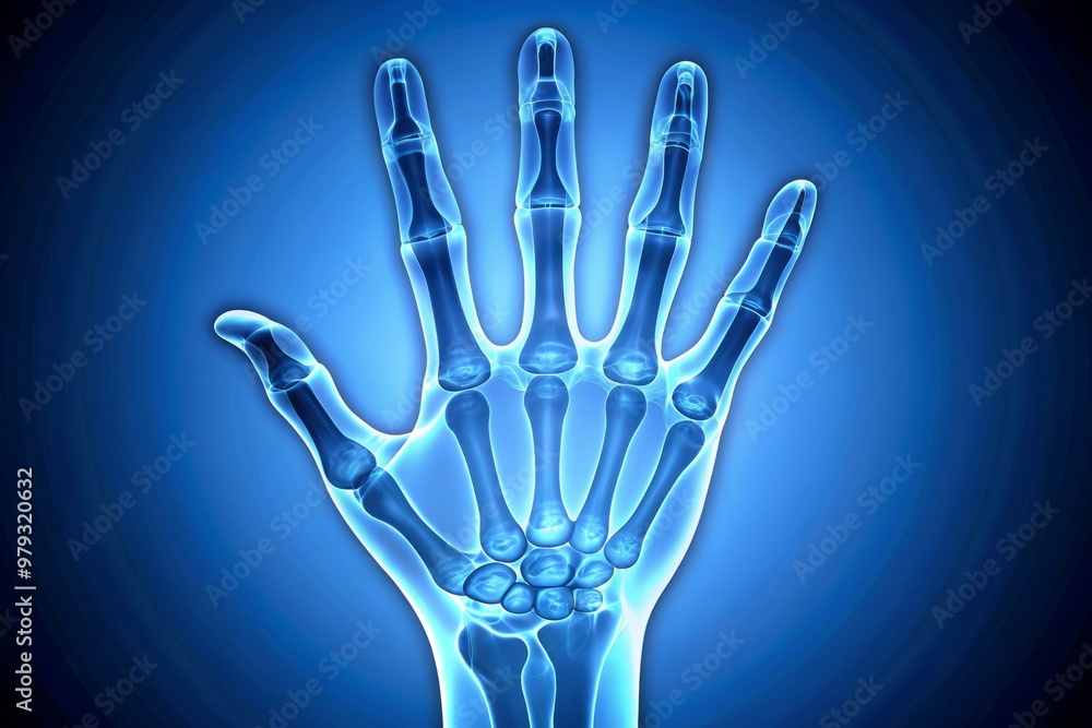 Naklejka premium Illustration of X-ray Image of Human Hand with High-Contrast Bone Structure on Gradient Blue Backdrop
