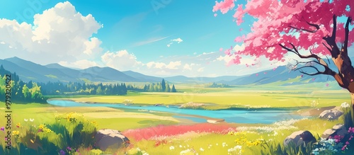 Painting of springtime meadow blossoms in a rural countryside setting