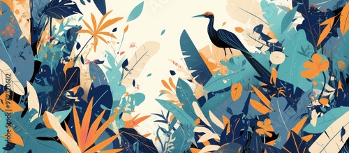 Abstract jungle illustration with tropical elements suitable for mural or wallpaper designs