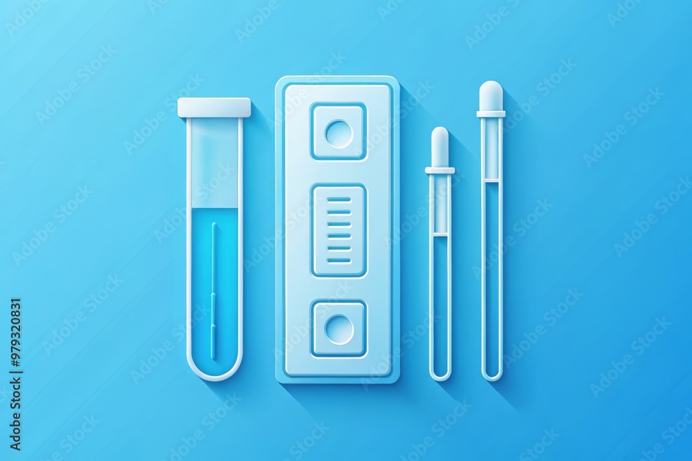 A minimalist illustration of a diagnostic test kit with simple shapes and bold lines on a gradient blue background, highlighting the kit's essential components A minimalist illustration of a diagnostic test kit with simple shapes and bold lines on a gradient blue background, highlighting the kit's essential components