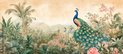 Traditional Mughal garden painting featuring a peacock and botanical elements Mural wallpaper design with a detailed landscape illustration