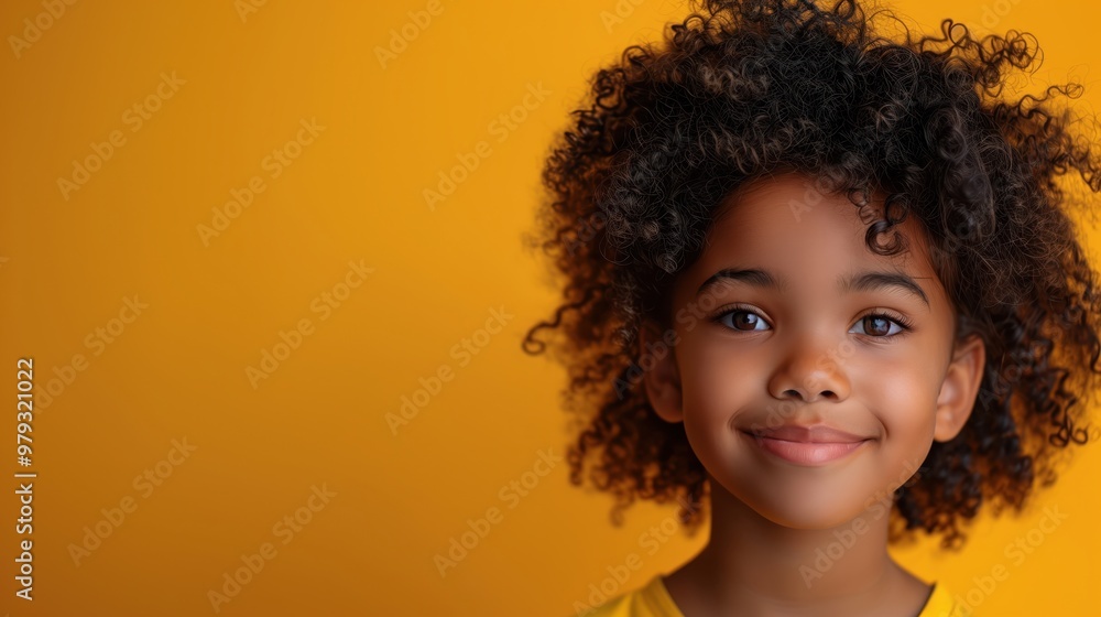 Adorable Smiling Child With Curly Hair Against Vibrant Yellow Background Capturing Joy and Innocence Adorable Smiling Child With Curly Hair Against Vibrant Yellow Background Capturing Joy and Innocence