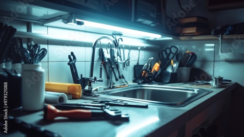 A modern plumbing setup under a kitchen sink, with a plumber working on tightening PVC pipes using a pipe opening tool photo