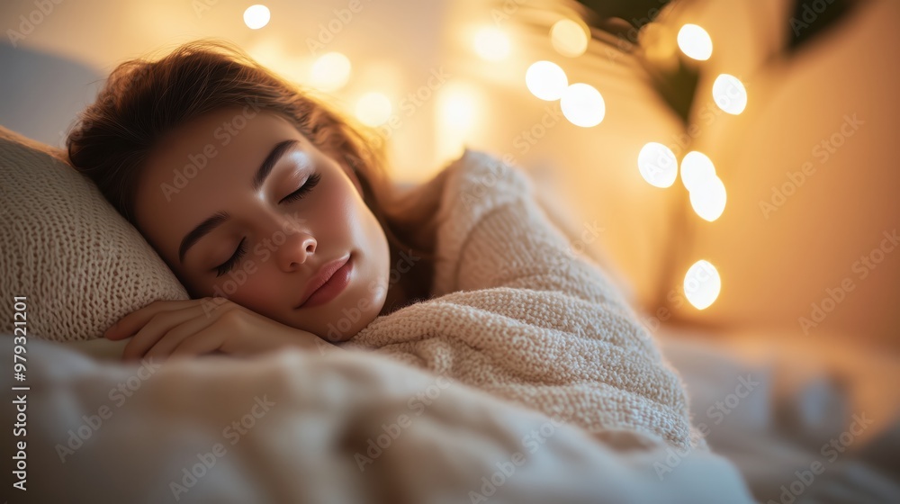Peaceful Woman Sleeping in Cozy Bed with Soft Lighting and Warm Blanket Peaceful Woman Sleeping in Cozy Bed with Soft Lighting and Warm Blanket