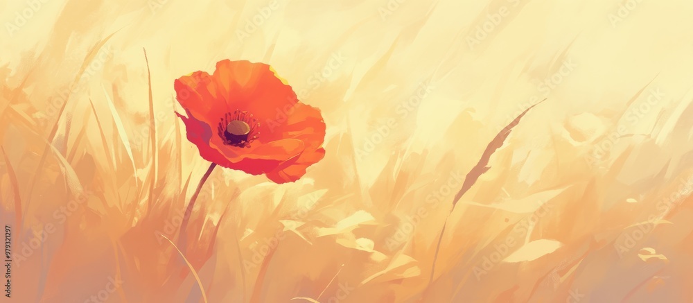 Close up painting of a red flower in grass with a blurred natural backdrop Close up painting of a red flower in grass with a blurred natural backdrop
