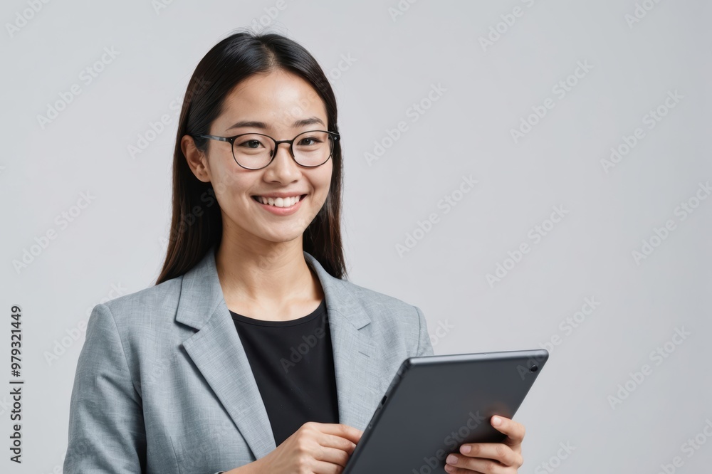image of young asian woman, company worker in glasses, smiling and holding digital tablet, standing over white background image of young asian woman, company worker in glasses, smiling and holding digital tablet, standing over white background