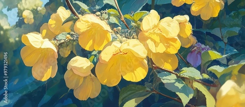 Close up painting of a yellow touch me not balsam flower Impatiens noli tangere