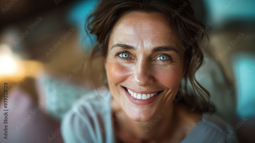 Smiling Middle-Aged Woman with Radiant Eyes and Perfect Teeth in a Warm Setting Smiling Middle-Aged Woman with Radiant Eyes and Perfect Teeth in a Warm Setting
