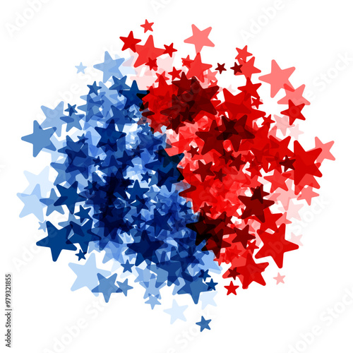 A vibrant cluster of overlapping red and blue stars creating a dynamic circular pattern. Perfect for patriotic or election-themed visuals.