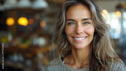 Smiling Mid-Aged Woman with Perfect Smile Showcasing Bright Teeth and Joyful Expression in Cozy Cafe Setting