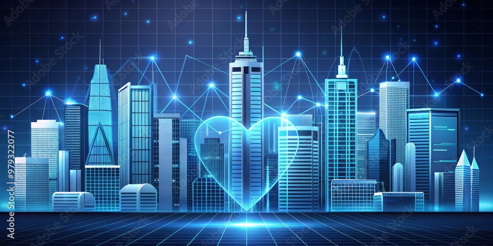 A futuristic cityscape with towering skyscrapers made up of ECG waves, heart rates, and medical data, all converging on a central hub of value-based care A futuristic cityscape with towering skyscrapers made up of ECG waves, heart rates, and medical data, all converging on a central hub of value-based care