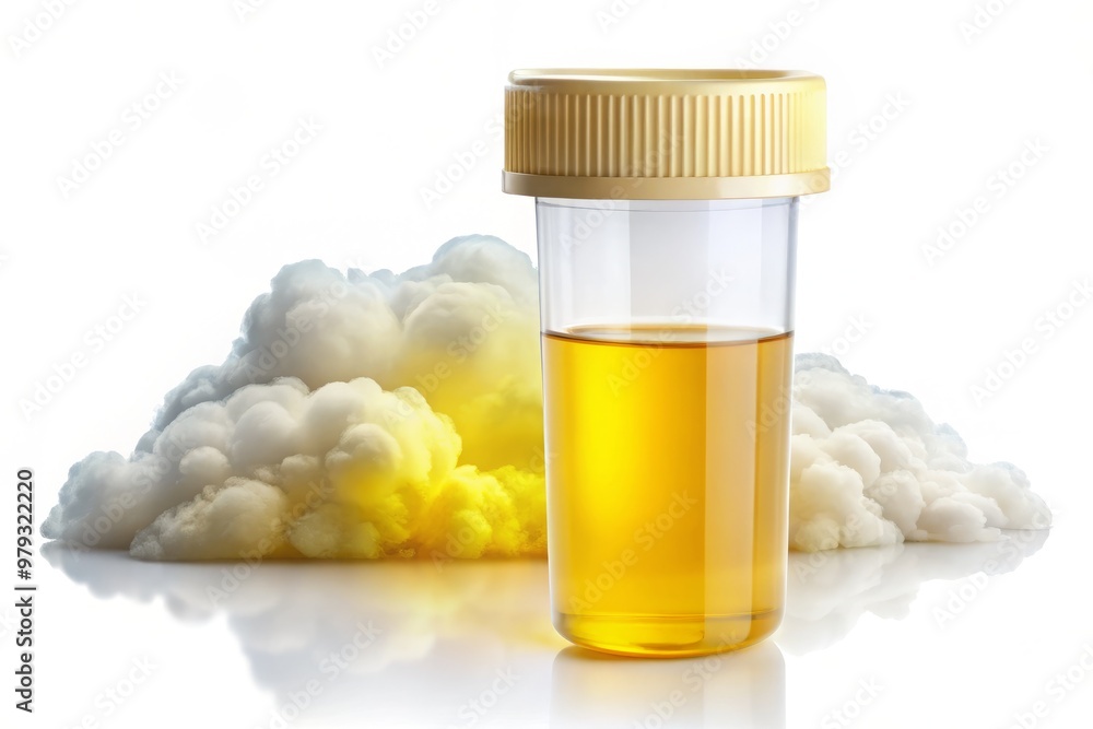 A stylized illustration of a urine sample with cloudy appearance and dark yellow color on a white background, indicating the presence of bilirubin A stylized illustration of a urine sample with cloudy appearance and dark yellow color on a white background, indicating the presence of bilirubin