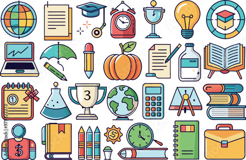 School Icon Set – Flat Icons for Education, Classroom, Learning, and School Management Design Projects