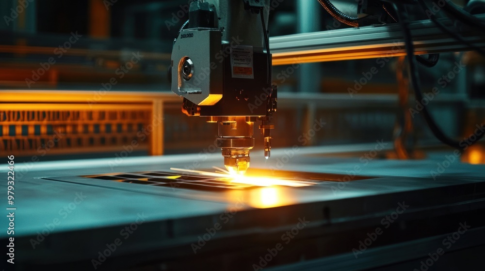 A powerful laser cutting machine working on a shipbuilding component, slicing through thick metal plates with ease A powerful laser cutting machine working on a shipbuilding component, slicing through thick metal plates with ease