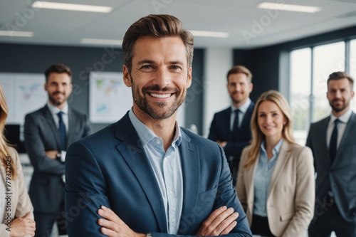smiling confident business leader looking at camera and standing in an office at team meeting