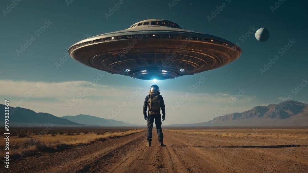 Space oddity featuring an alien and its futuristic UFO landing on Earth, creating excitement Space oddity featuring an alien and its futuristic UFO landing on Earth, creating excitement