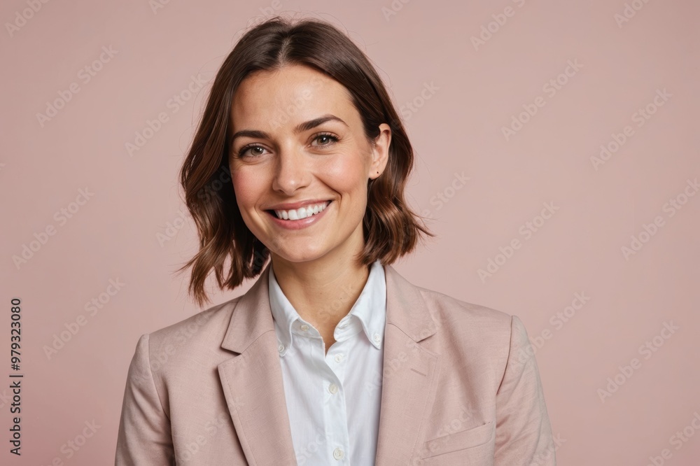 young satisfied smiling happy fun cheerful successful european employee business woman 30s she wearing casual classic jacket look camera isolated on plain pastel light pink background studio portrait young satisfied smiling happy fun cheerful successful european employee business woman 30s she wearing casual classic jacket look camera isolated on plain pastel light pink background studio portrait