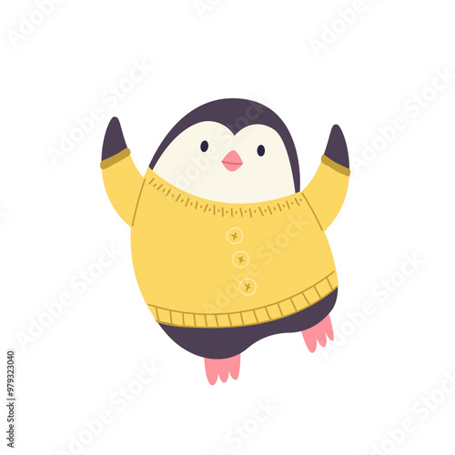 Playful cartoon vector illustration of a jumping penguin in a knitted sweater