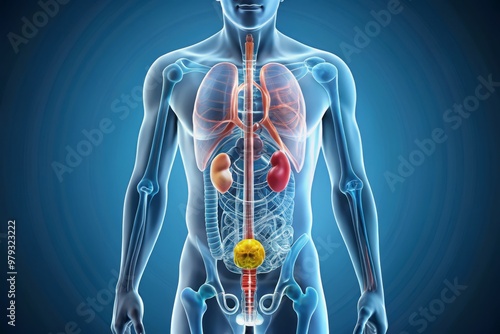 A detailed illustration of the male genitourinary system with the kidneys, ureters, bladder, and urethra clearly visible on a transparent blue-gray background photo