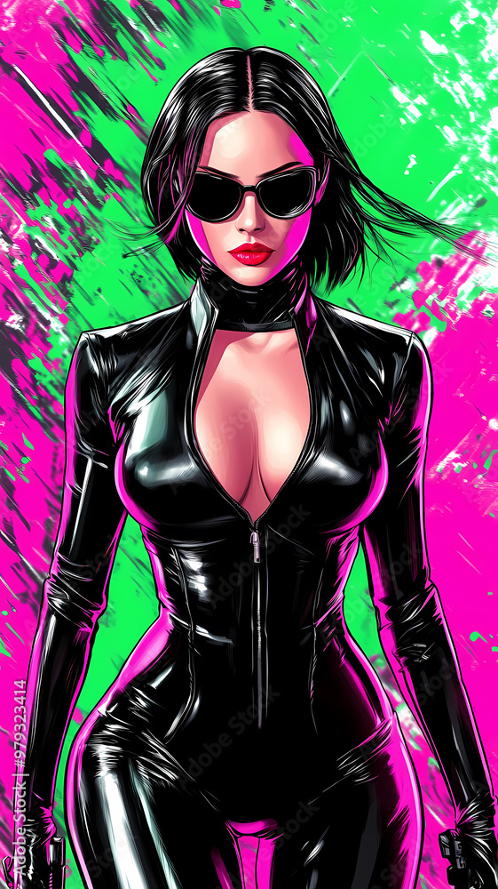 A waist-high cartoon of a stylish girl in latex clothes with fuchsia, black, white, and bright green, in The Matrix style. A waist-high cartoon of a stylish girl in latex clothes with fuchsia, black, white, and bright green, in The Matrix style.