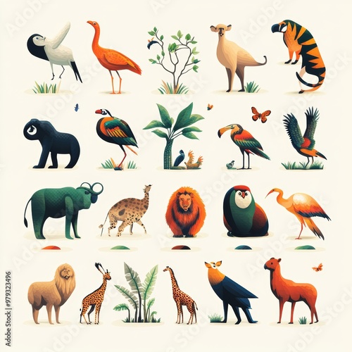 Colorful Geometric Safari Animals and Plants Illustration photo