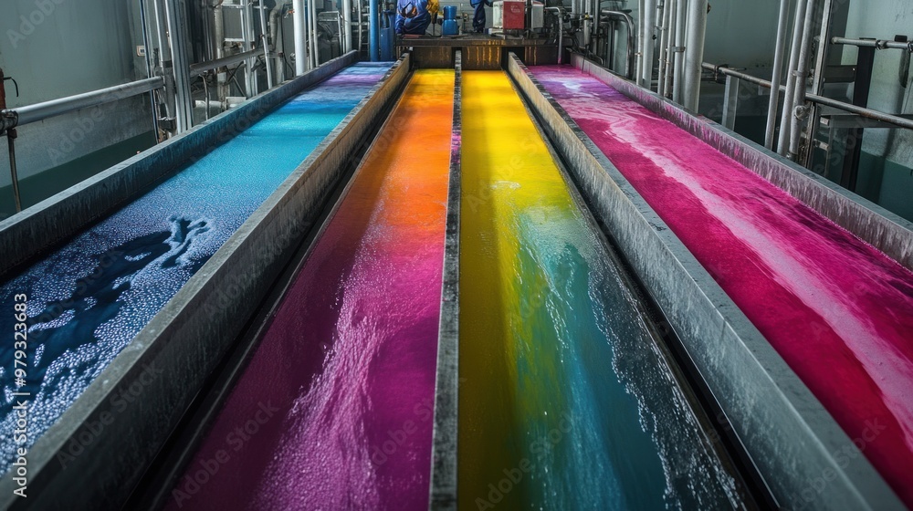 Fototapeta premium A section of the factory dedicated to dyeing fabrics is filled with large vats of colorful dyes