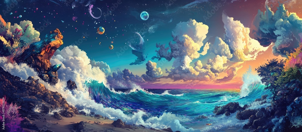 A vibrant and imaginative surreal depiction of a coastal seascape A vibrant and imaginative surreal depiction of a coastal seascape