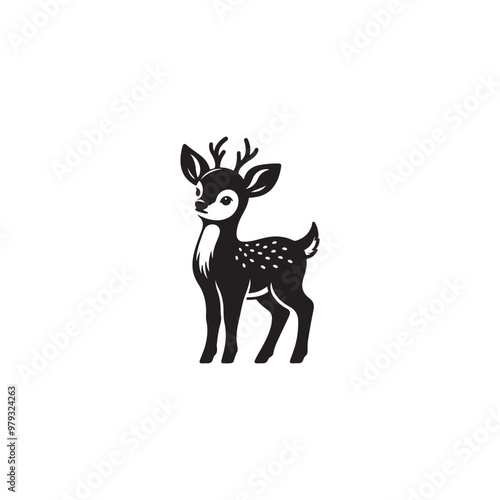 Adorable Reindeer Vector Illustration - Black Outline on White.