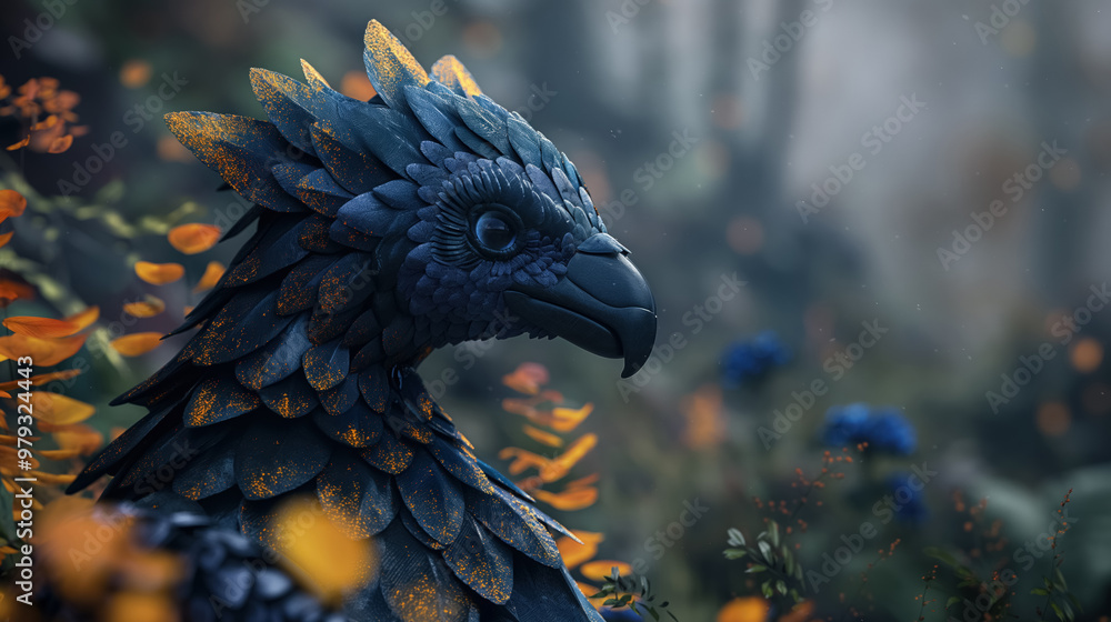 Obraz premium Majestic bird with intricate blue and gold scales, resembling a mythical creature, set against a lush forest background with vibrant flowers, evoking a magical atmosphere
