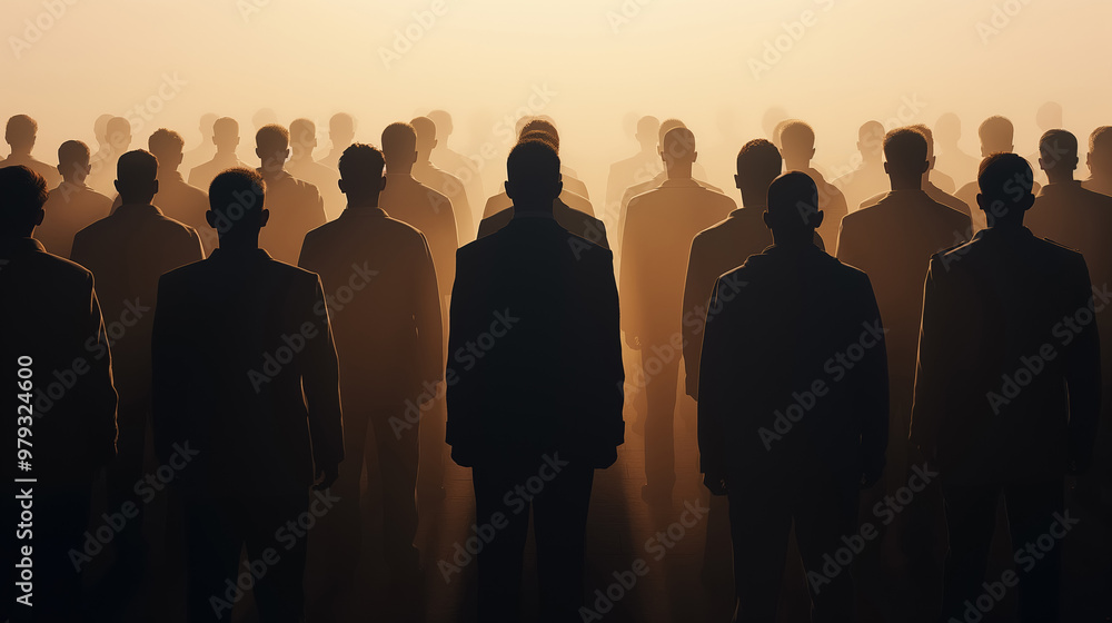 Silhouetted crowd standing together in a foggy, golden-hued environment, symbolizing unity, mystery, and the unknown, with an almost cinematic atmosphere Silhouetted crowd standing together in a foggy, golden-hued environment, symbolizing unity, mystery, and the unknown, with an almost cinematic atmosphere