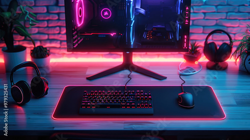 Top view of a gaming setup desk, neon light, mockup, keyboard, mousepad. Generative AI. photo