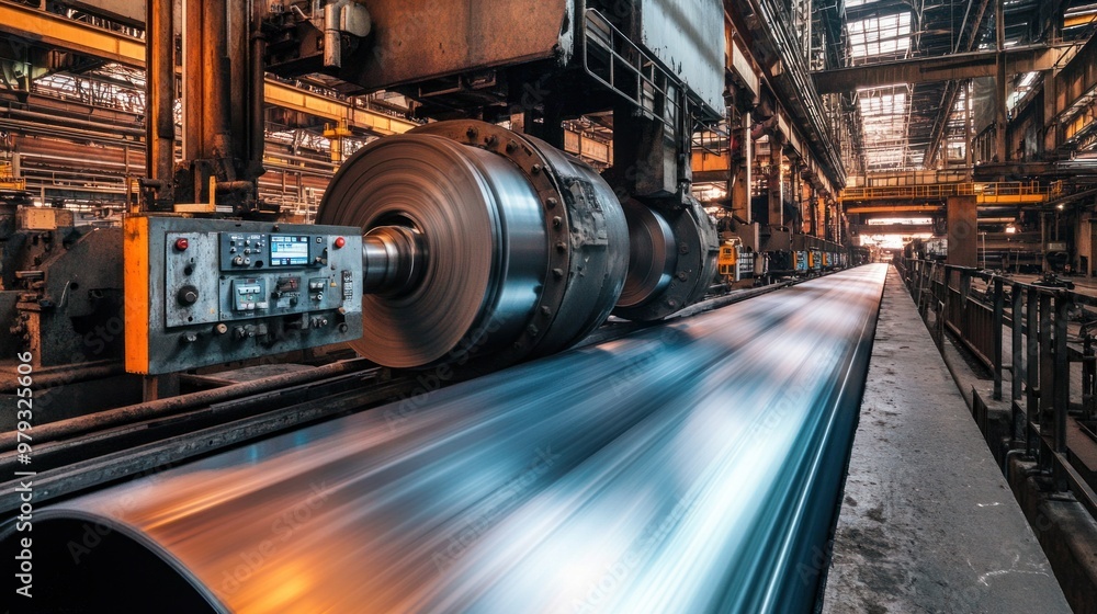 A view of metal sheets being rolled through a large industrial machine in a steel mill A view of metal sheets being rolled through a large industrial machine in a steel mill