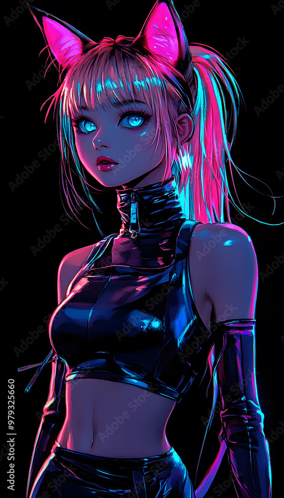 A neon-colored anime girl with cat ears, tail, and ponytail, wearing black, in a cute pose; big blue eyes, pink and cyan hair, neon-lit. A neon-colored anime girl with cat ears, tail, and ponytail, wearing black, in a cute pose; big blue eyes, pink and cyan hair, neon-lit.