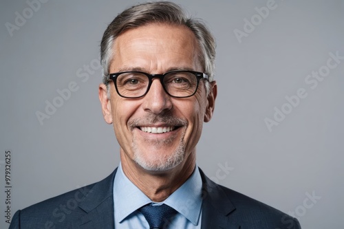 portrait of happy mature businessman wearing spectacles and looking at camera