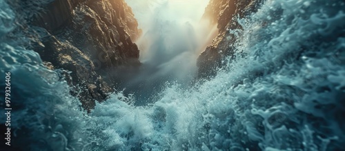 Fototapeta Naklejka Na Ścianę i Meble -  Powerful waterfall cascading through a rugged rocky ravine in an untamed natural landscape creating a dynamic and turbulent flow of churning gushing waters  The scene evokes a sense of raw