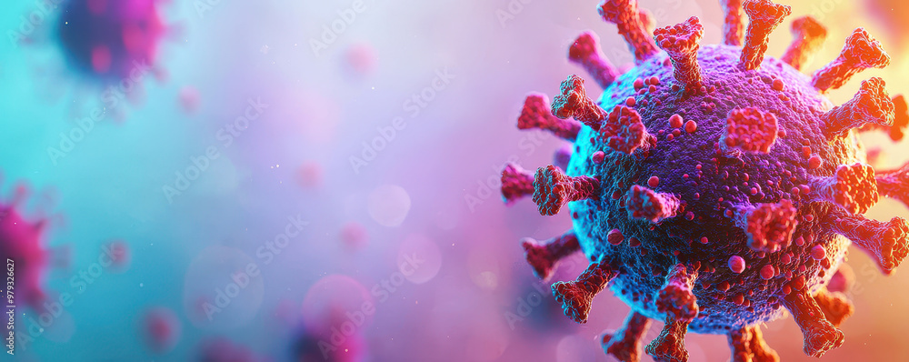 A vibrant depiction of virus particle, showcasing its intricate structure and spikes, set against colorful background. This image highlights complexity of immune systems interaction with pathogens A vibrant depiction of virus particle, showcasing its intricate structure and spikes, set against colorful background. This image highlights complexity of immune systems interaction with pathogens