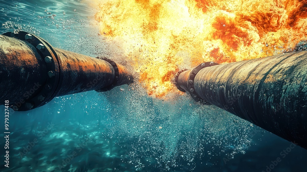 explosion of an underwater gas pipeline under water at the bottom of ...