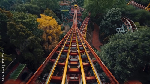 Thrilling and captivating autumn roller coaster ride through a vibrant and imaginative forest landscape showcasing the architectural engineering and design of an amusement park attraction