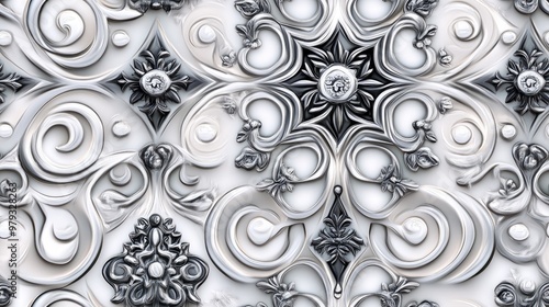 Classic traditional ornament Seamless pattern in silver gray white and black Oriental raster design featuring arabesques and silver floral elements