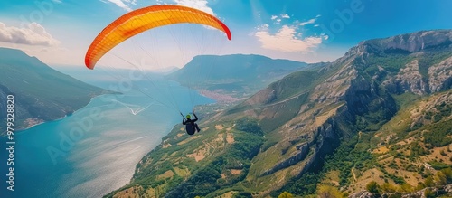 Paraglider soaring gracefully over a stunning mountain lake landscape surrounded by rugged peaks and lush green valleys on a bright sunny day photo