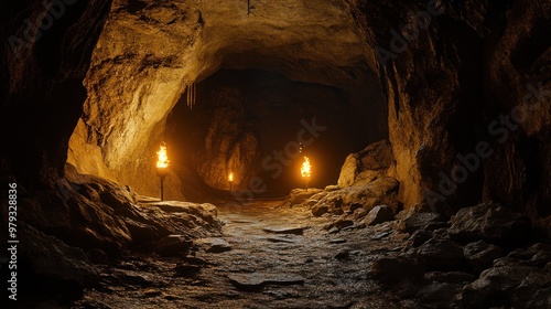 Cave, ancient, dim, there are primitive torches on the rock wall, the ground in the cave, film and television stills