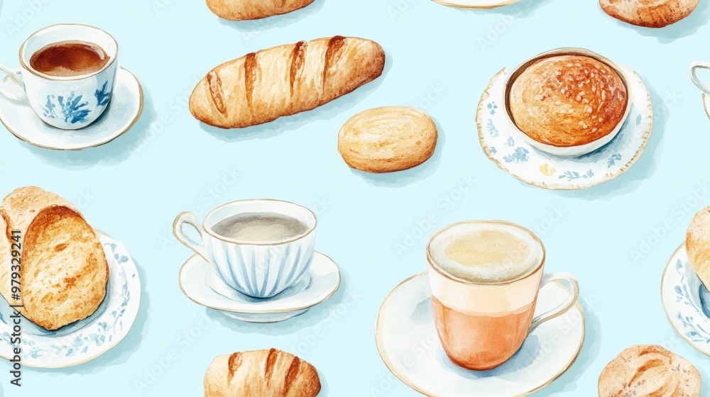 Seamless pattern of watercolor bread and tea cups on a sky blue background in a hand painted style for various print applications Seamless pattern of watercolor bread and tea cups on a sky blue background in a hand painted style for various print applications