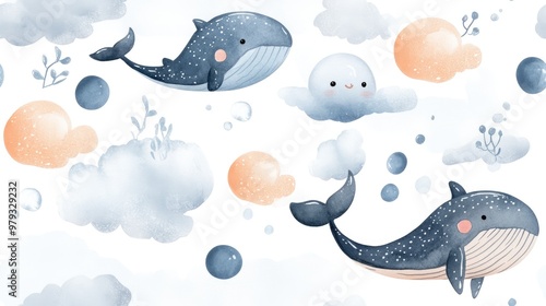 Watercolor seamless pattern featuring cute animals fish whales balls and clouds evoking childhood happiness and playful themes photo