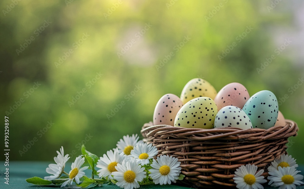 Colorful Easter Eggs in a Basket with Daisies on Green Background - AI generated illustration Colorful Easter Eggs in a Basket with Daisies on Green Background - AI generated illustration