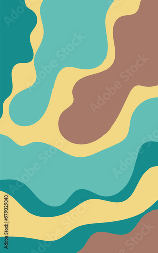 Wavy abstract pattern in teal, yellow, and brown colors. Great for backgrounds, designs, textiles, and modern artistic projects.