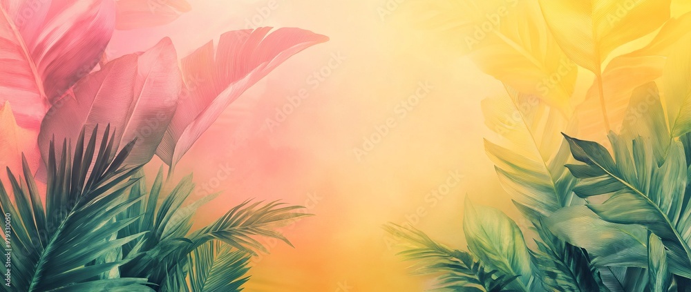 Tropical Plants on a Colorful Background with Palm Leaves, Summer Concept Banner with Copy Space -- AI generated illustration Tropical Plants on a Colorful Background with Palm Leaves, Summer Concept Banner with Copy Space -- AI generated illustration