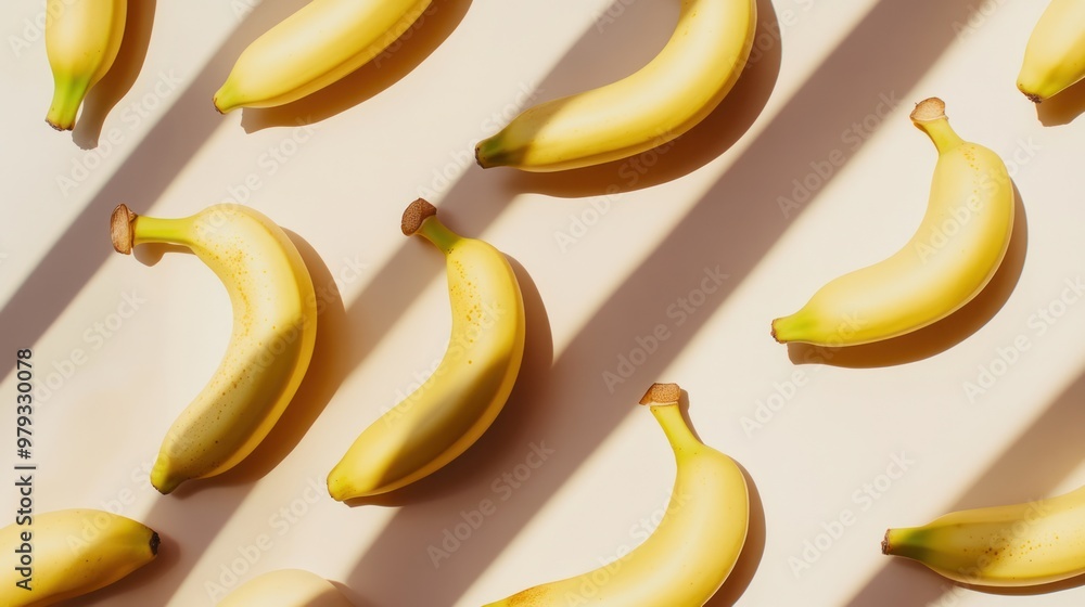 A creative arrangement of bananas forming a geometric pattern, with shadows playing on a neutral background, A creative arrangement of bananas forming a geometric pattern, with shadows playing on a neutral background,