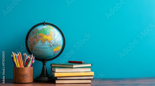 Globe, Books, and School Supplies on Table with Blue Wall Background - AI generated illustration