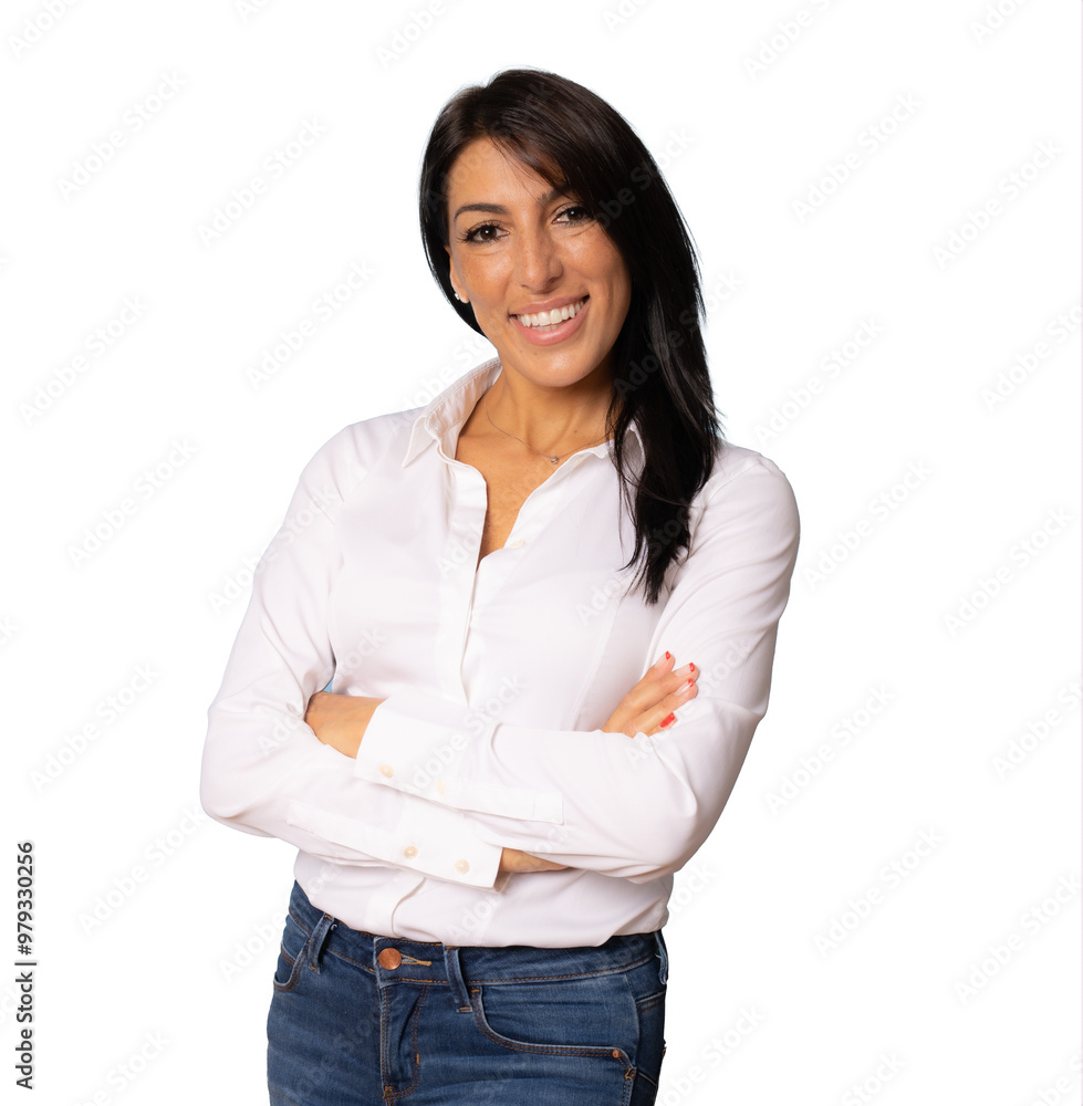Attractive smiling business woman standing with arms folded over transparent background Attractive smiling business woman standing with arms folded over transparent background